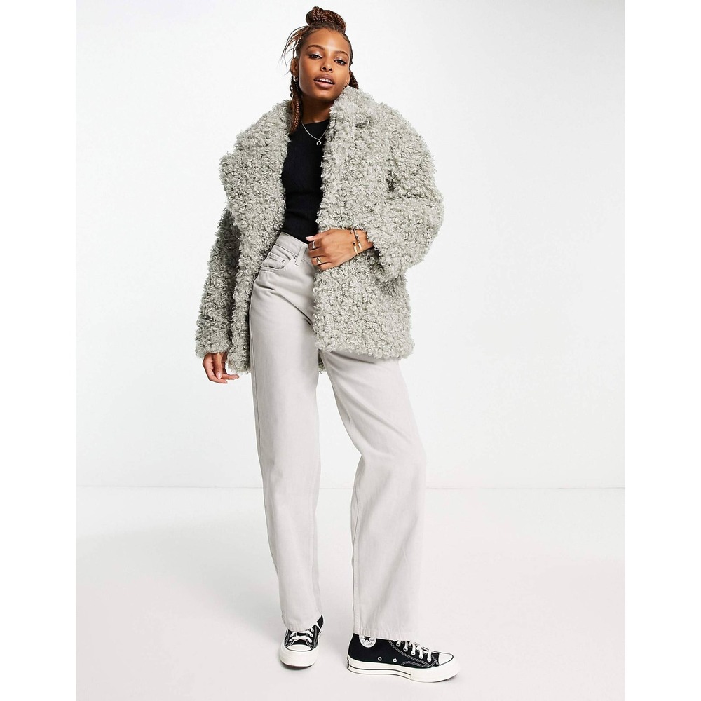 Size Small - Monkl Womens Gray Curly Faux Fur Teddy Coat Notched Lapel Jacket